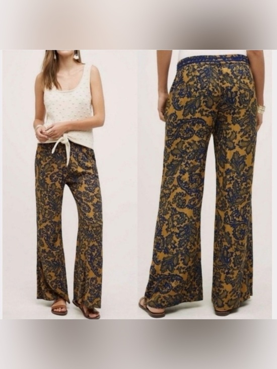 Heihei Pants - Anthropologie Hei Hei Tana Wide Leg Pants Small Blue Gold Paisley Rayon Boho